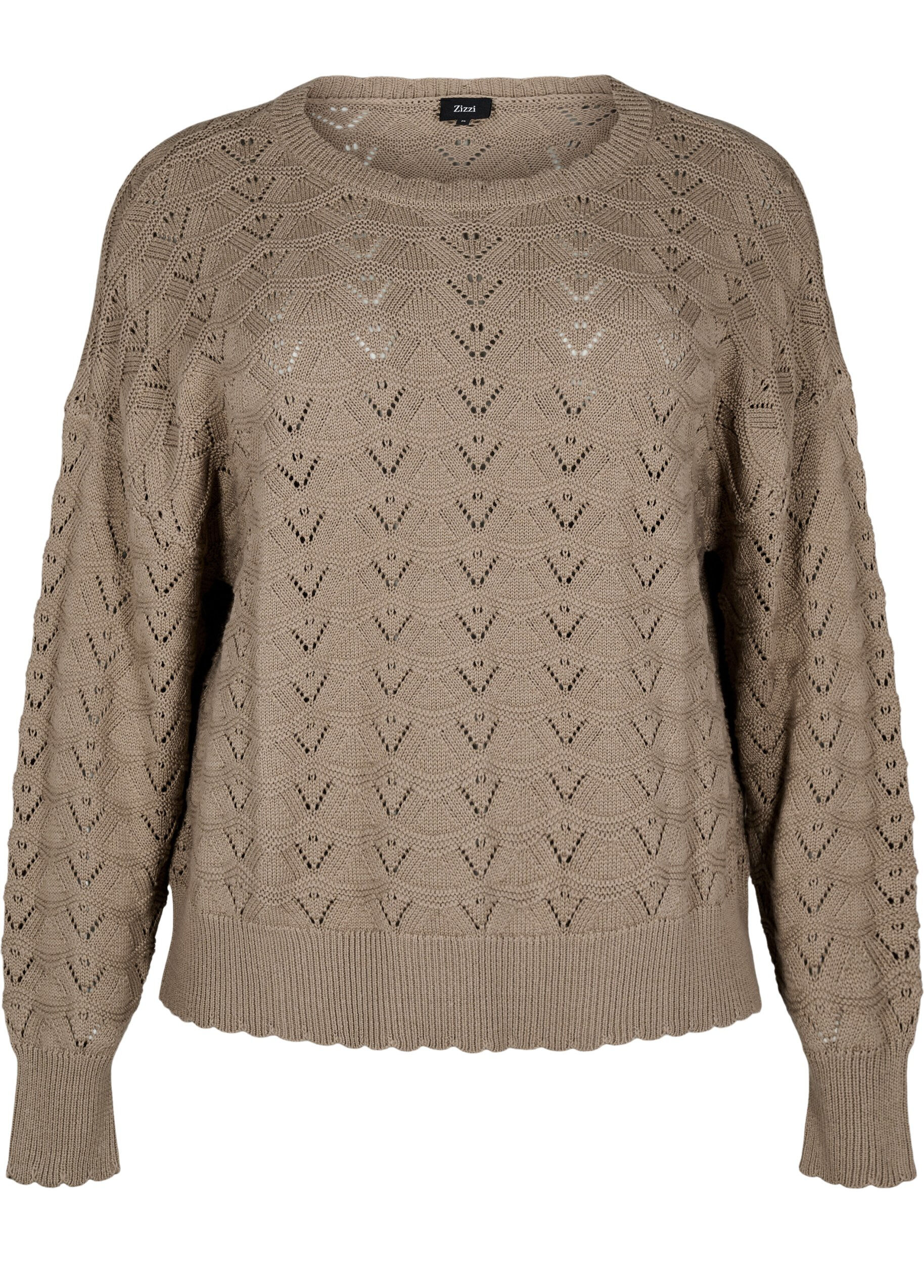 Zizzi Lang&aelig;rmet strikbluse med hulm&oslash;nster, Desert Taupe, Packshot image number 0