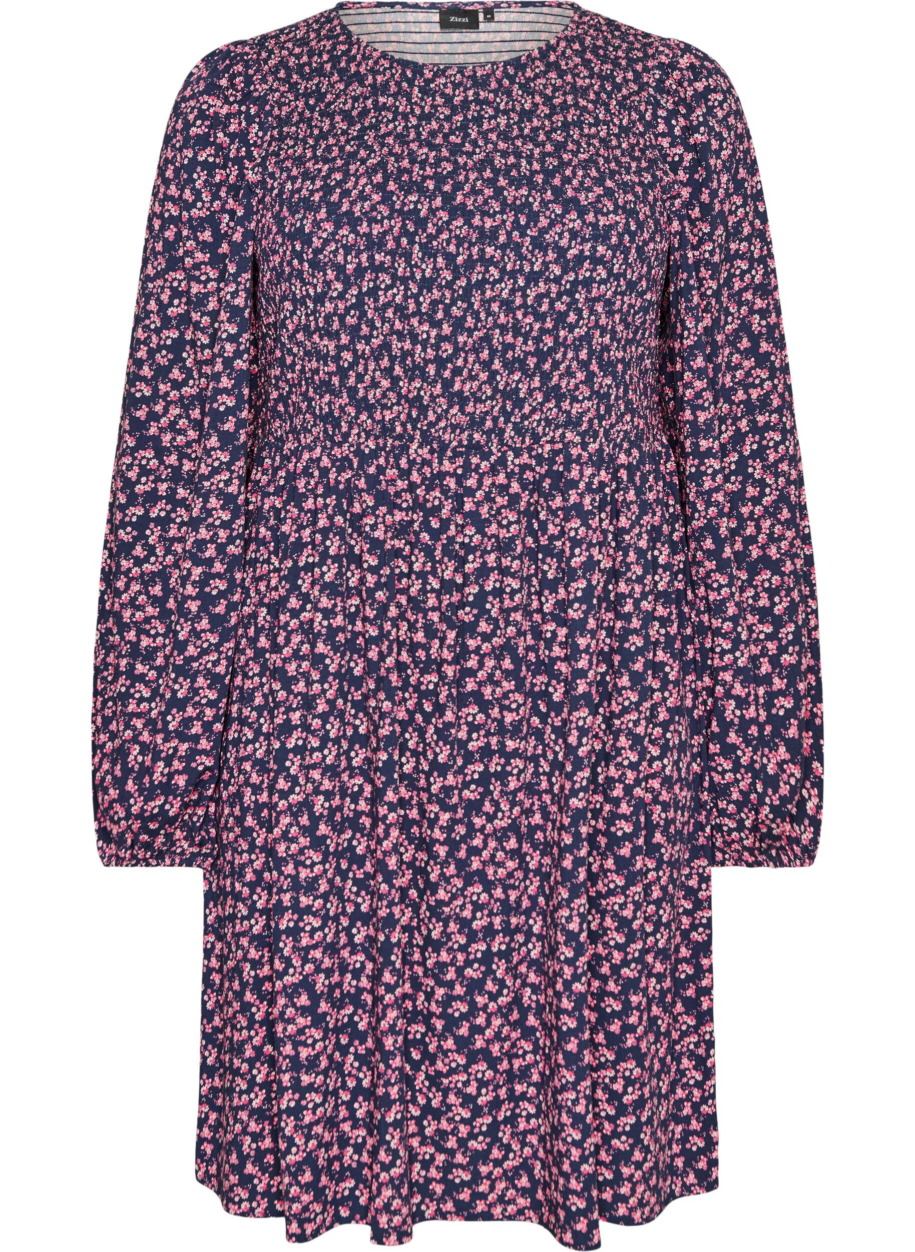 ZizziKjole med smock-overdel og sm&aring;blomstret m&oslash;nster, Bl&aring;, Packshot image number 0