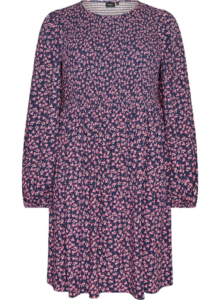 Kjole med smock-overdel og sm&aring;blomstret m&oslash;nster, Bl&aring;, Packshot image number 0