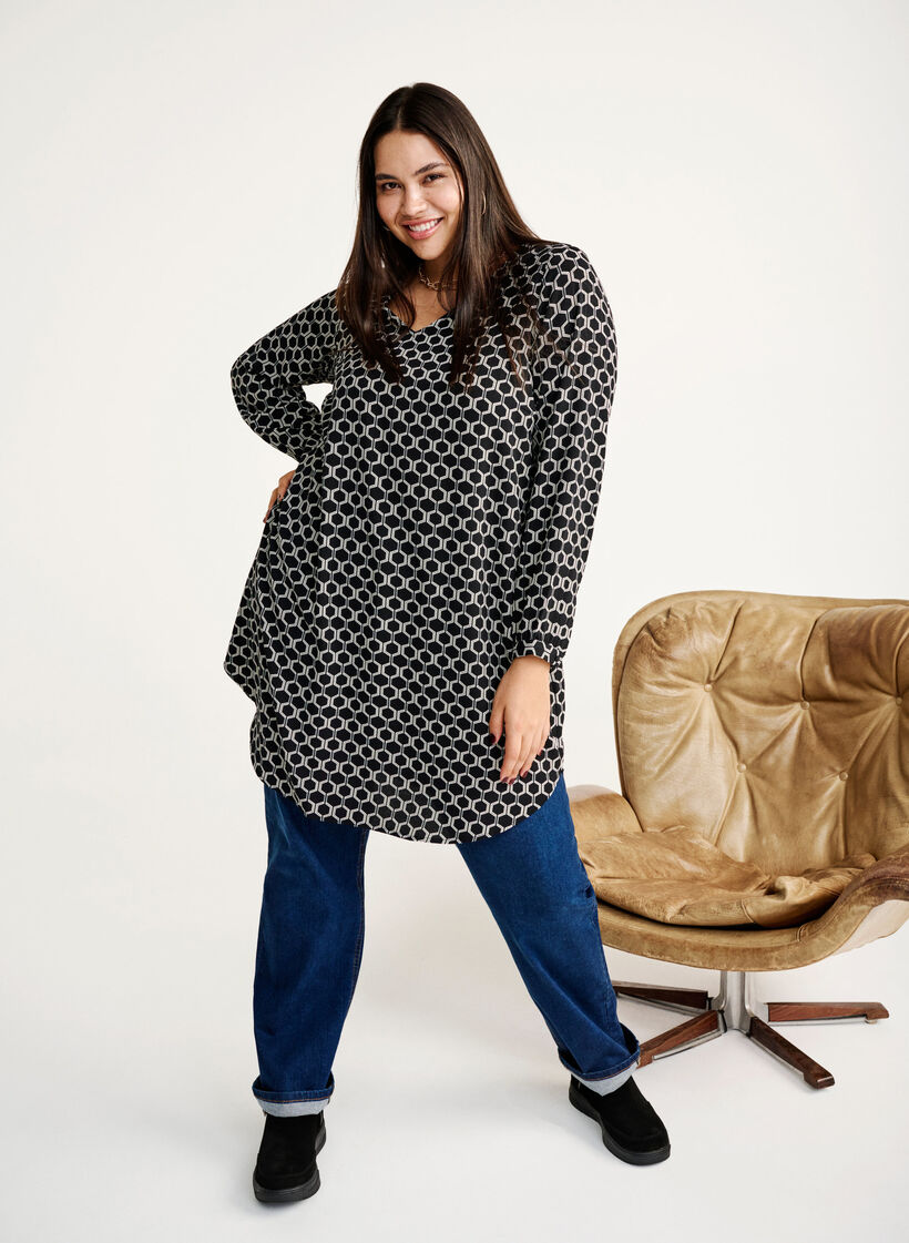 V-hals kjole med print, Black Graphic AOP, Image image number 0