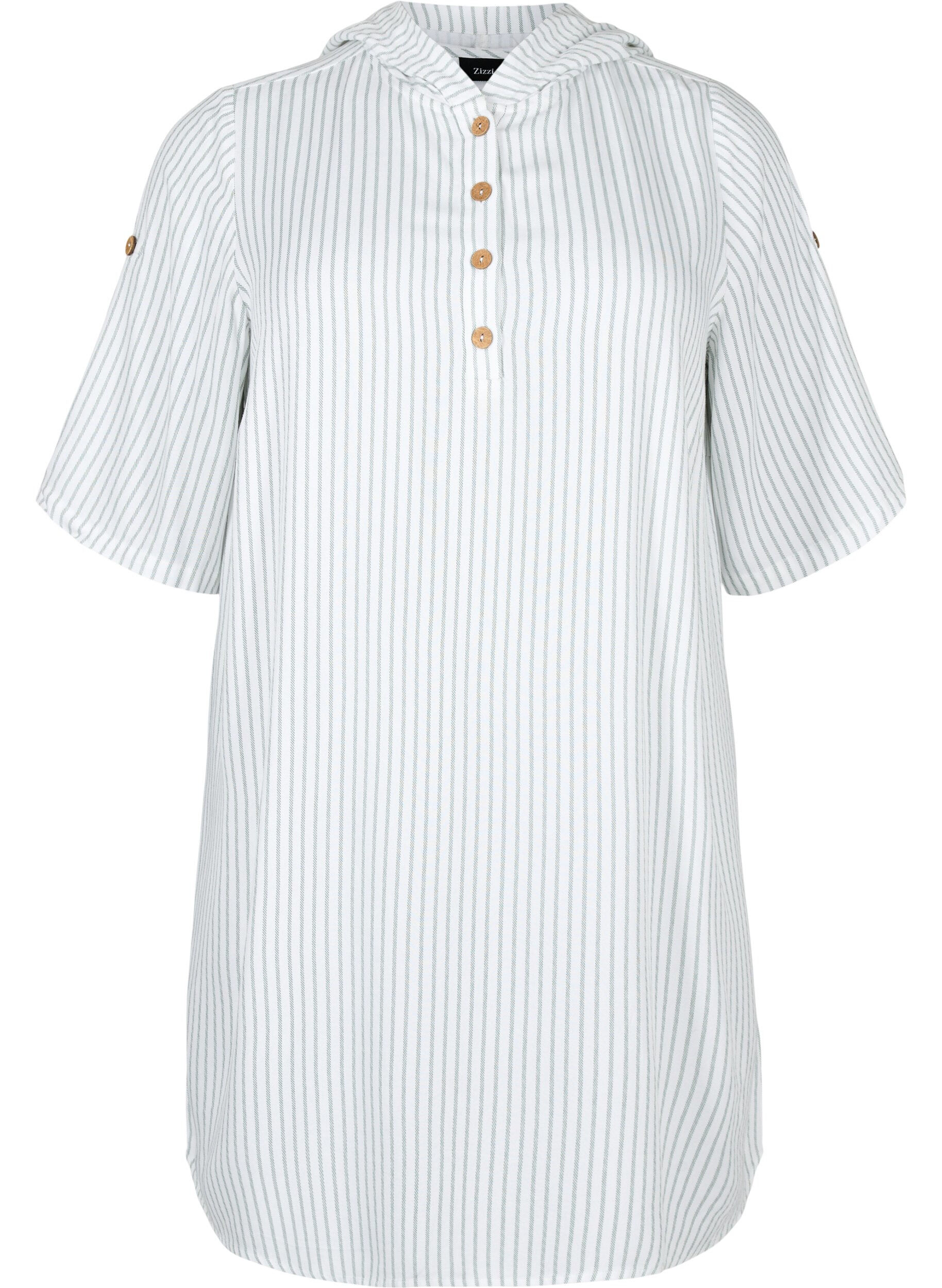 Zizzi Kort&aelig;rmet viskose tunika med h&aelig;tte, Chinois Green Stripe, Packshot image number 0