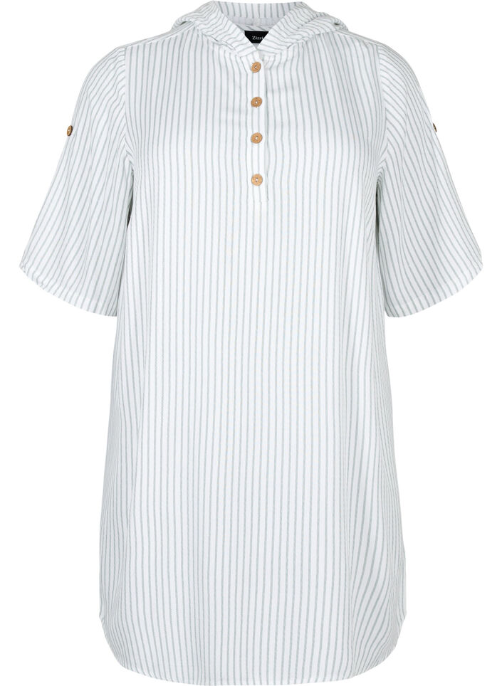 Kortærmet viskose tunika med hætte, Chinois Green Stripe, Packshot image number 0