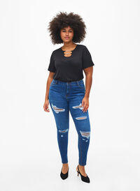 Slim fit jeans med sliddetaljer, Blue Denim, Model