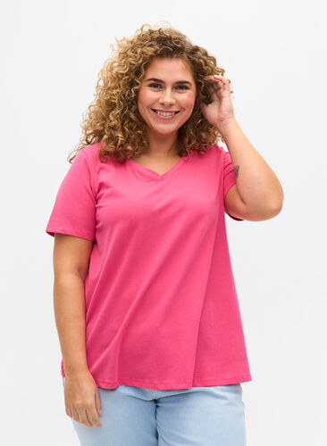 Basis t-shirt med v-hals, Fandango Pink, Model image number 0