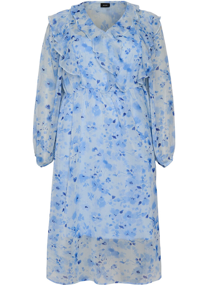 Blomstret chiffonkjole med fl&aelig;ser og lange &aelig;rmer, Bl&aring;, Packshot image number 0
