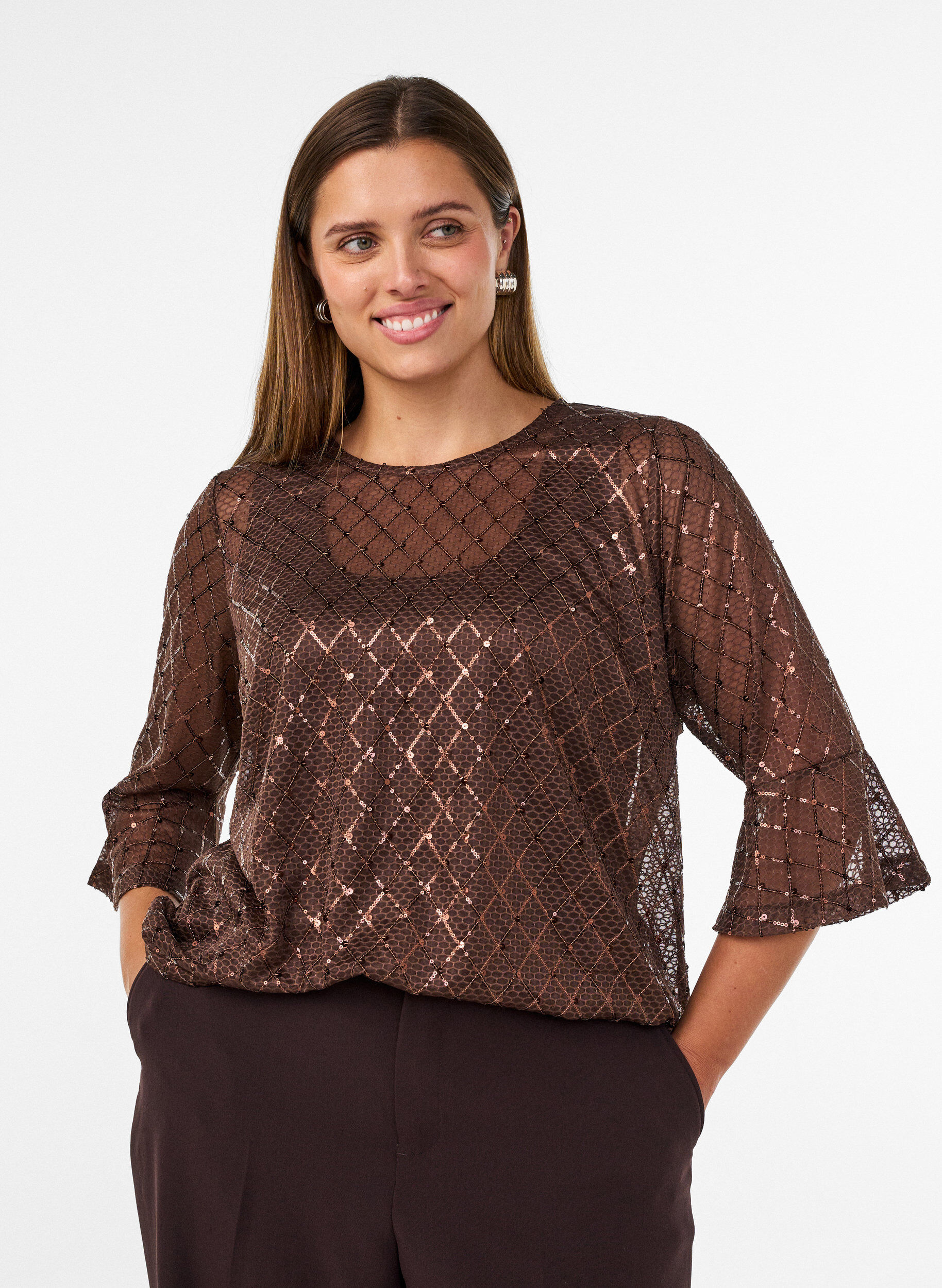 ZizziTransparent bluse med pailletter og diamantm&oslash;nster, Brun, Model image number 0