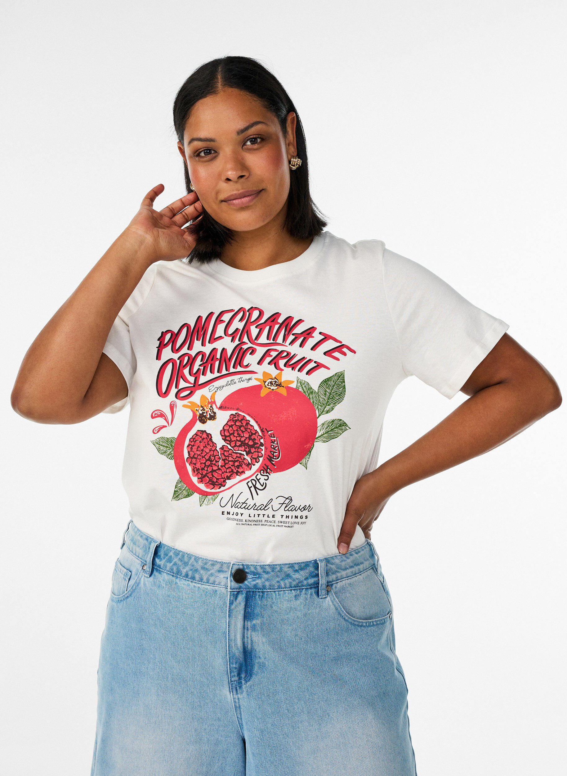 Bomulds T-shirt med print, Hvid, Model