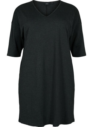 Meleret kjole med 3/4 ærmer og v-udskæring, Dark Grey Mel., Packshot image number 0