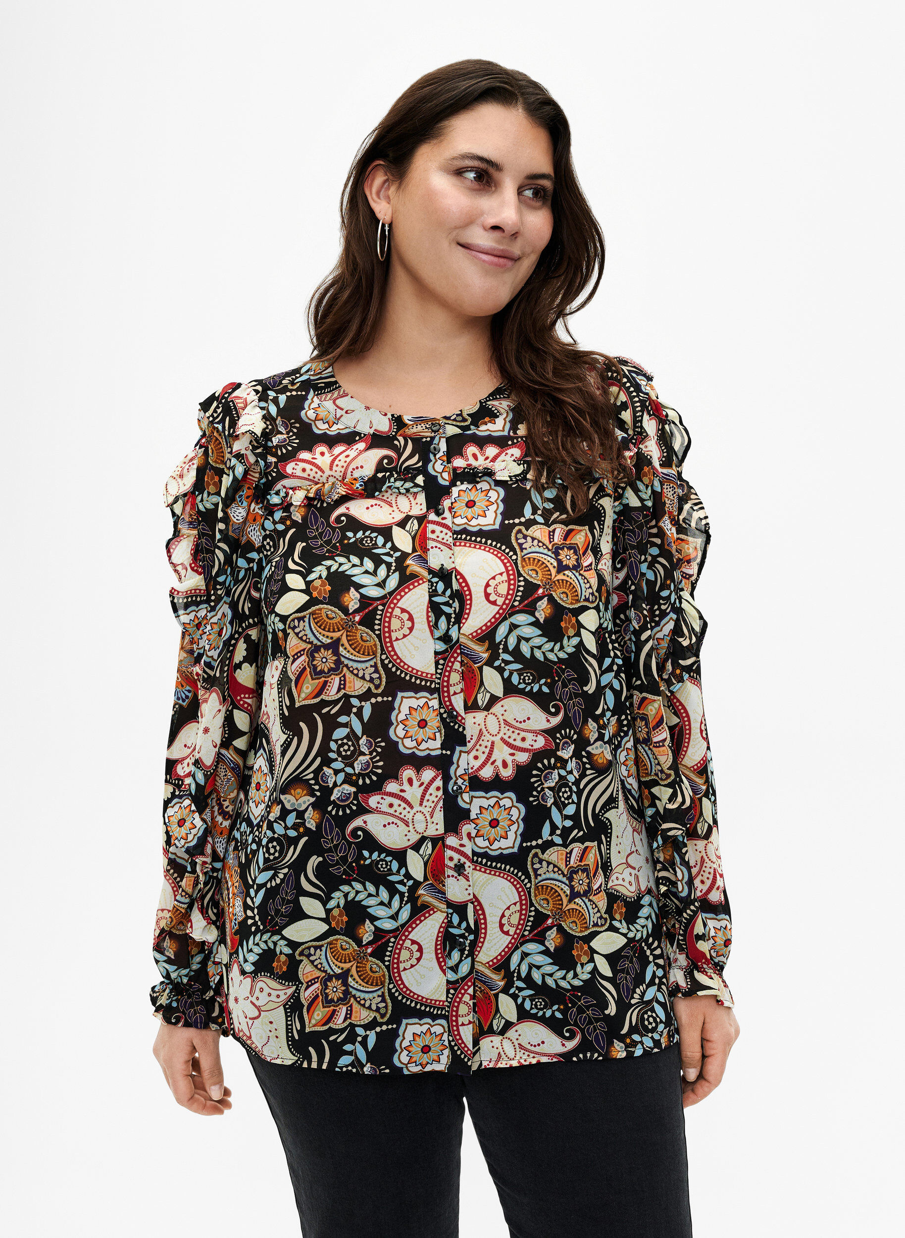 Zizzi Skjortebluse med fl&aelig;ser og paisleyprint, Black Paisley, Model image number 0