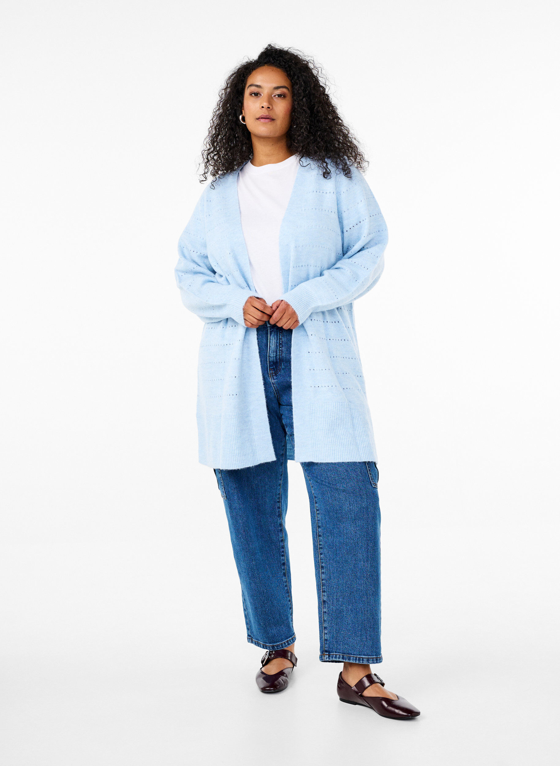 Zizzi Lang strikcardigan med hulm&oslash;nster, Cashmere Blue Mel., Model image number 2