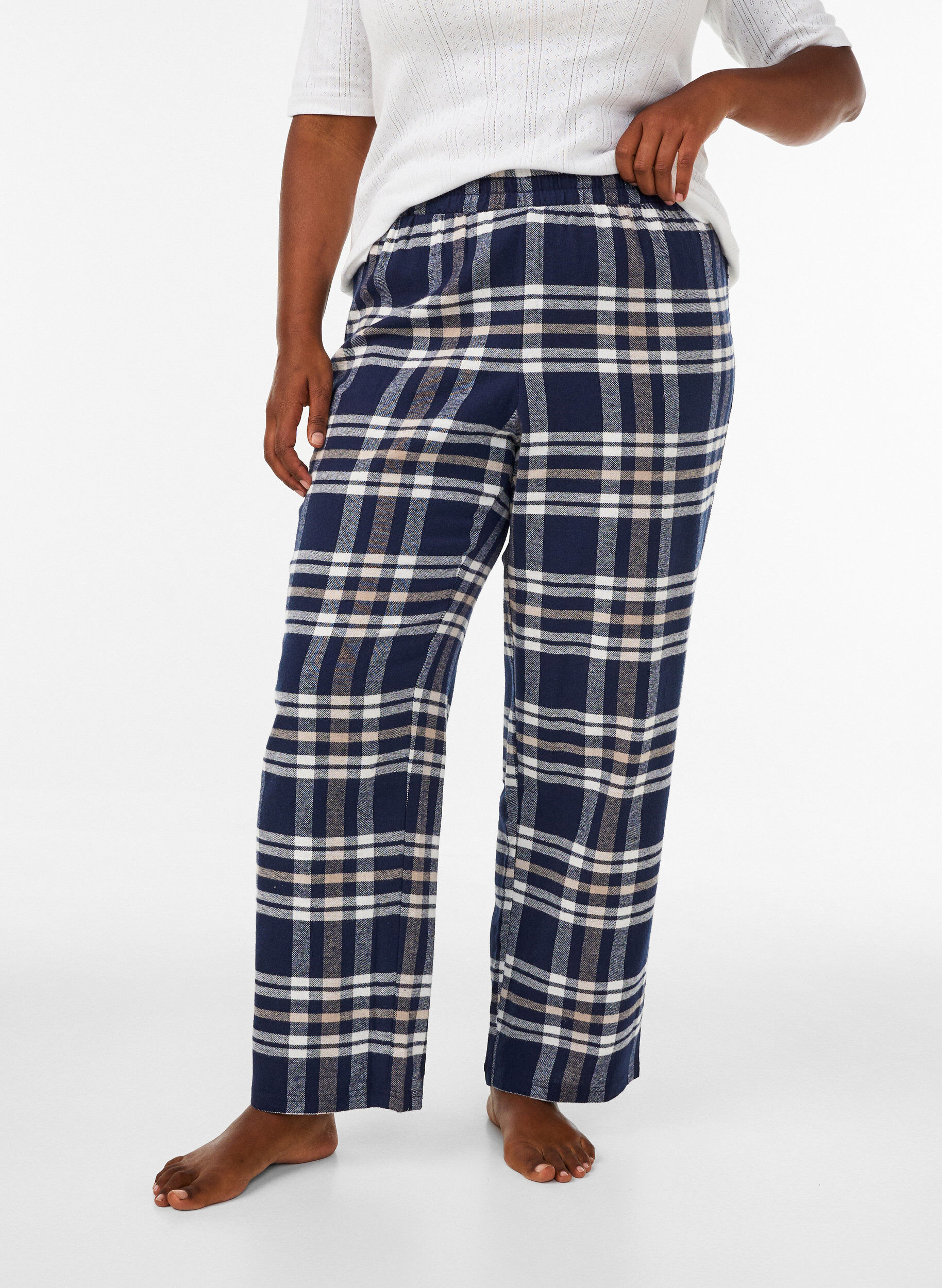 Pyjamasbukser i bomuld med tern, Bl&aring;, Model