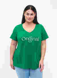Bomulds t-shirt med teksttryk og v-hals, Jolly Green ORI, Model