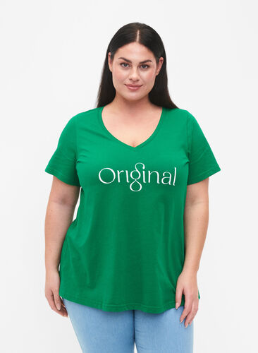 Bomulds t-shirt med teksttryk og v-hals, Jolly Green ORI, Model image number 0
