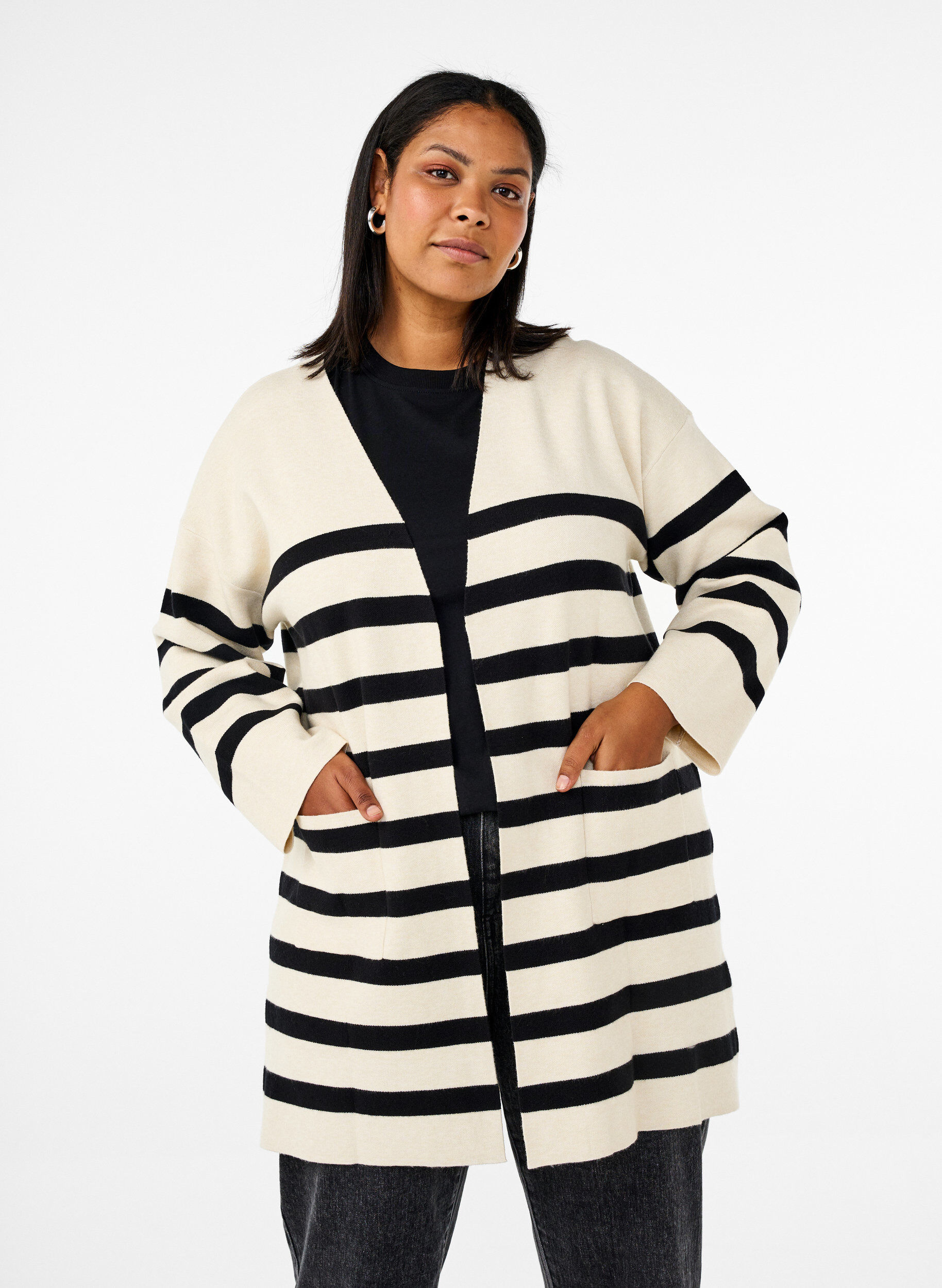 Zizzi Lang strikcardigan med striber, Birch w/Black, Model image number 0