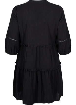 Kjole i bomuld med 3/4 ærmer og flæser, Black, Packshot image number 1
