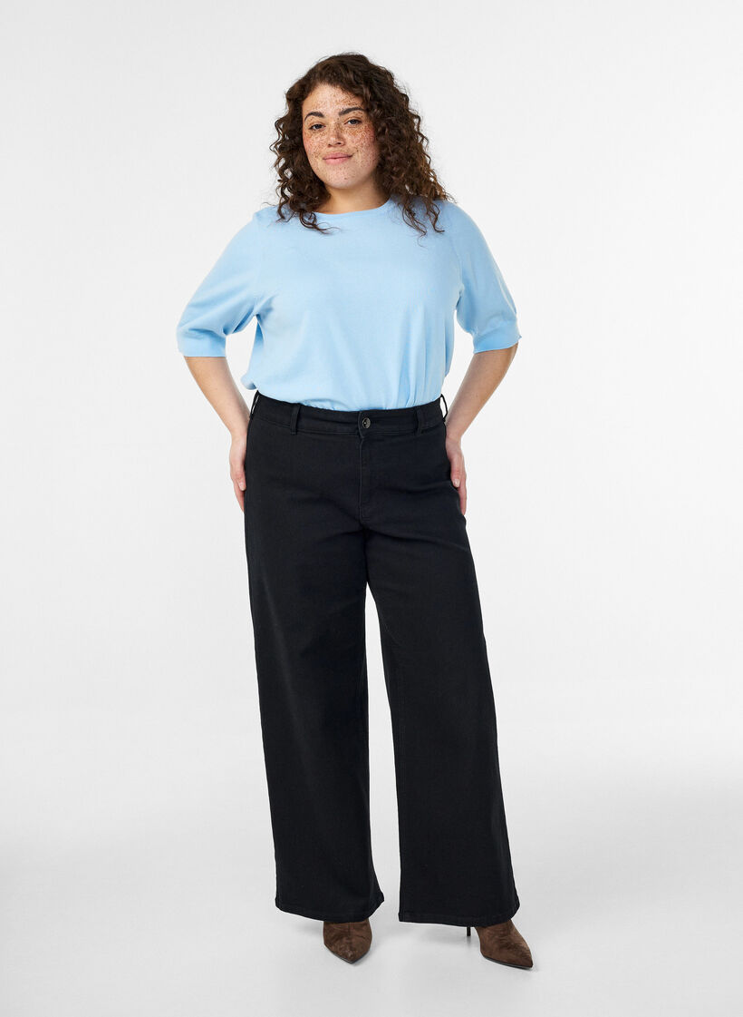Finstrikket bluse med korte &aelig;rmer, Bl&aring;, Model image number 1