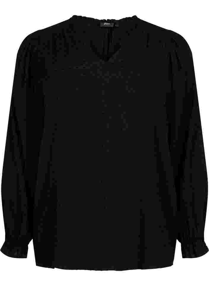 Langærmet bluse med smock- og flæsedetaljer, Black, Packshot image number 0