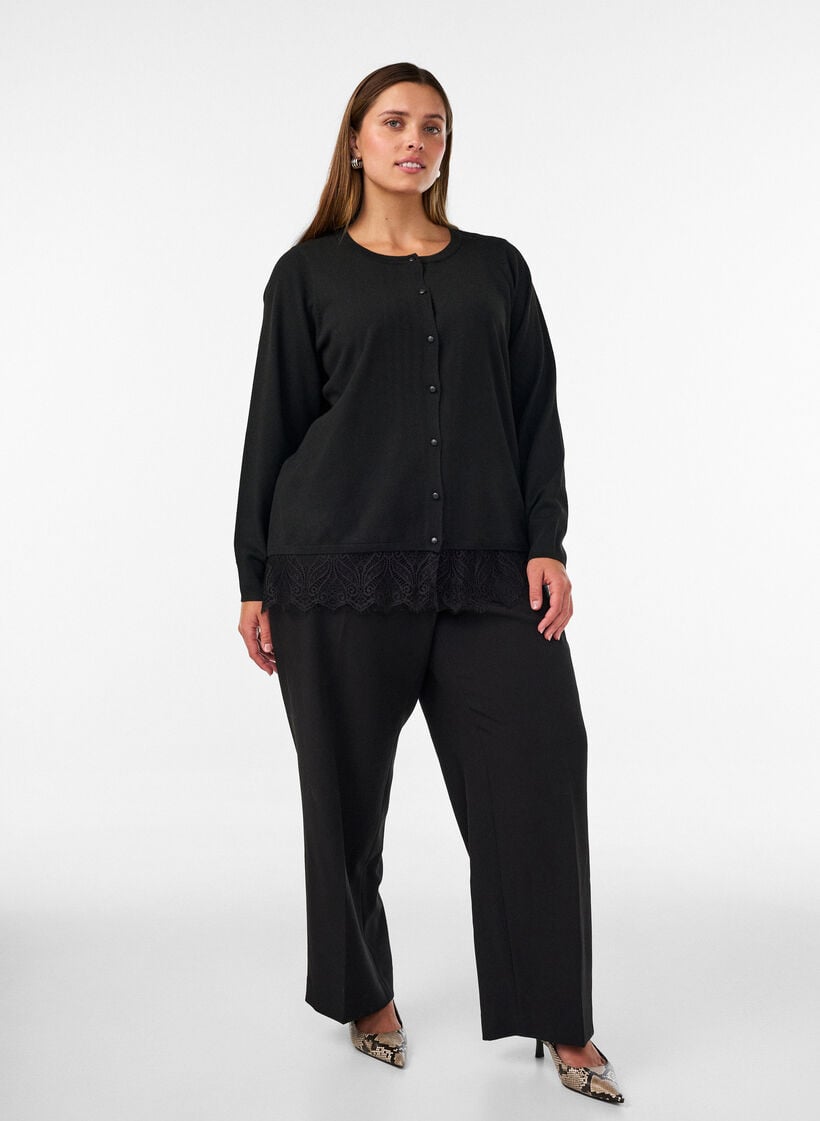 Cardigan med bred blondekant, Sort, Model image number 1