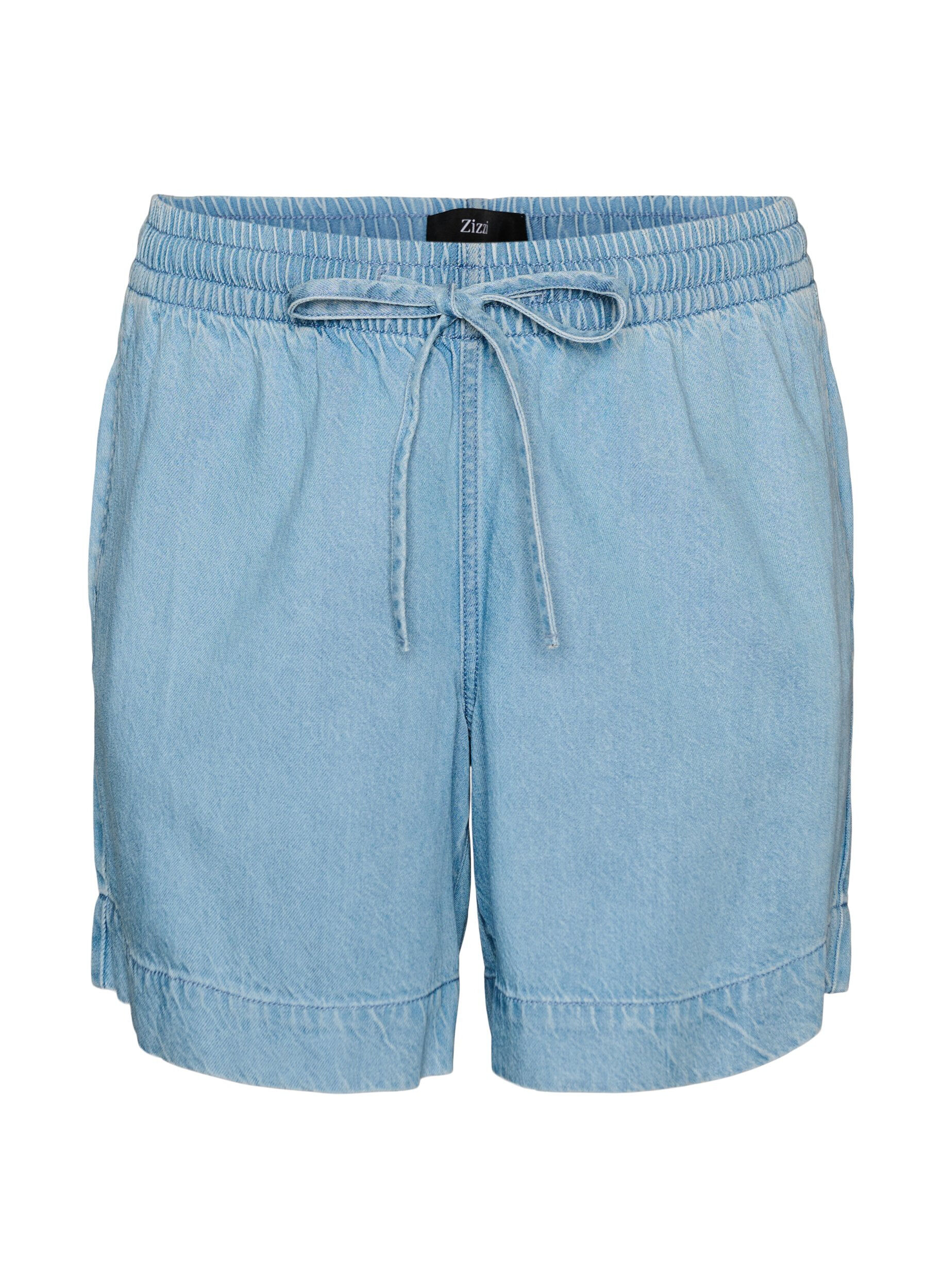 ZizziShorts i denimlook med elastisk talje og bindeb&aring;nd, Bl&aring;, Packshot image number 0
