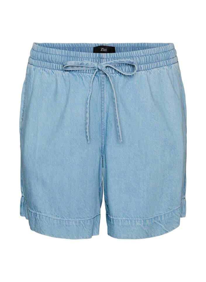 Shorts i denimlook med elastisk talje og bindeb&aring;nd, Bl&aring;, Packshot image number 0