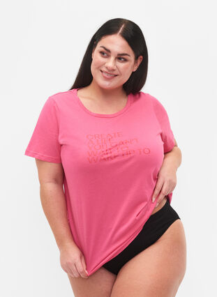 Bomulds t-shirt med tryk og korte ærmer, Hot Pink Create, Model image number 0