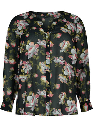 Skjorte med v-udskæring og print, Black/Beige Flower, Packshot image number 0