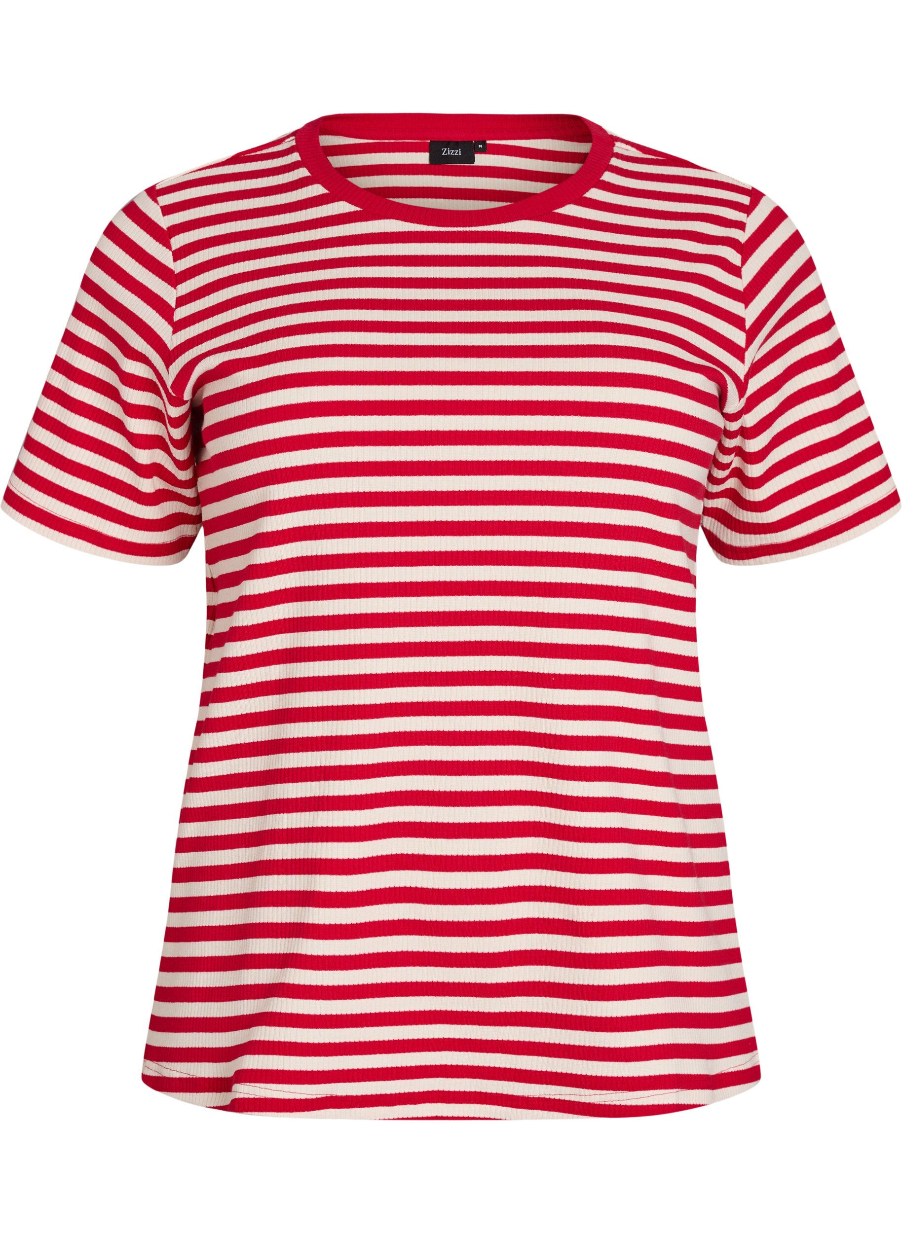 ZizziStribet t-shirt med ribstruktur, R&oslash;d, Packshot image number 0