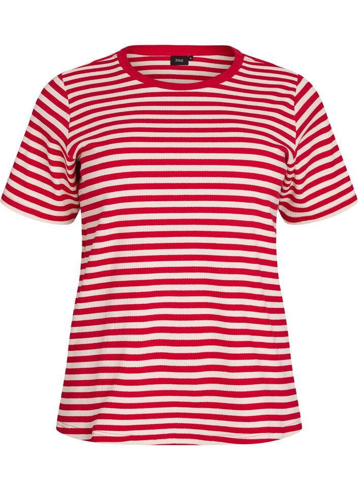 Stribet t-shirt med ribstruktur, R&oslash;d, Packshot image number 0