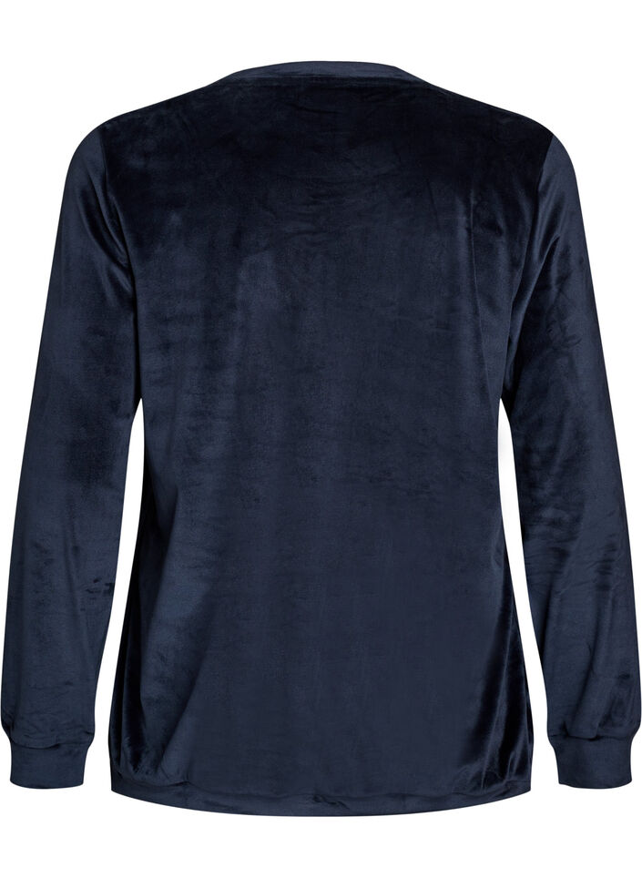Velourbluse med broderet tekstmotiv, Bl&aring;, Packshot image number 1