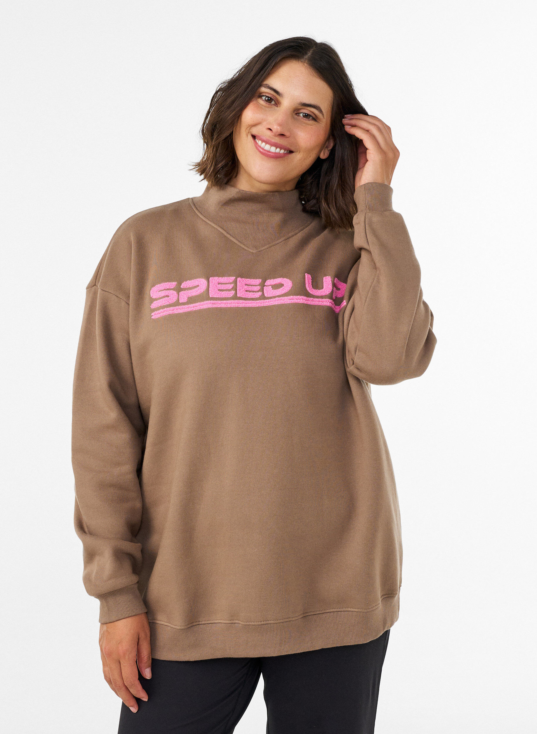 ZizziSweatshirt med h&oslash;j hals og sporty frontmotiv, Brun, Model image number 0