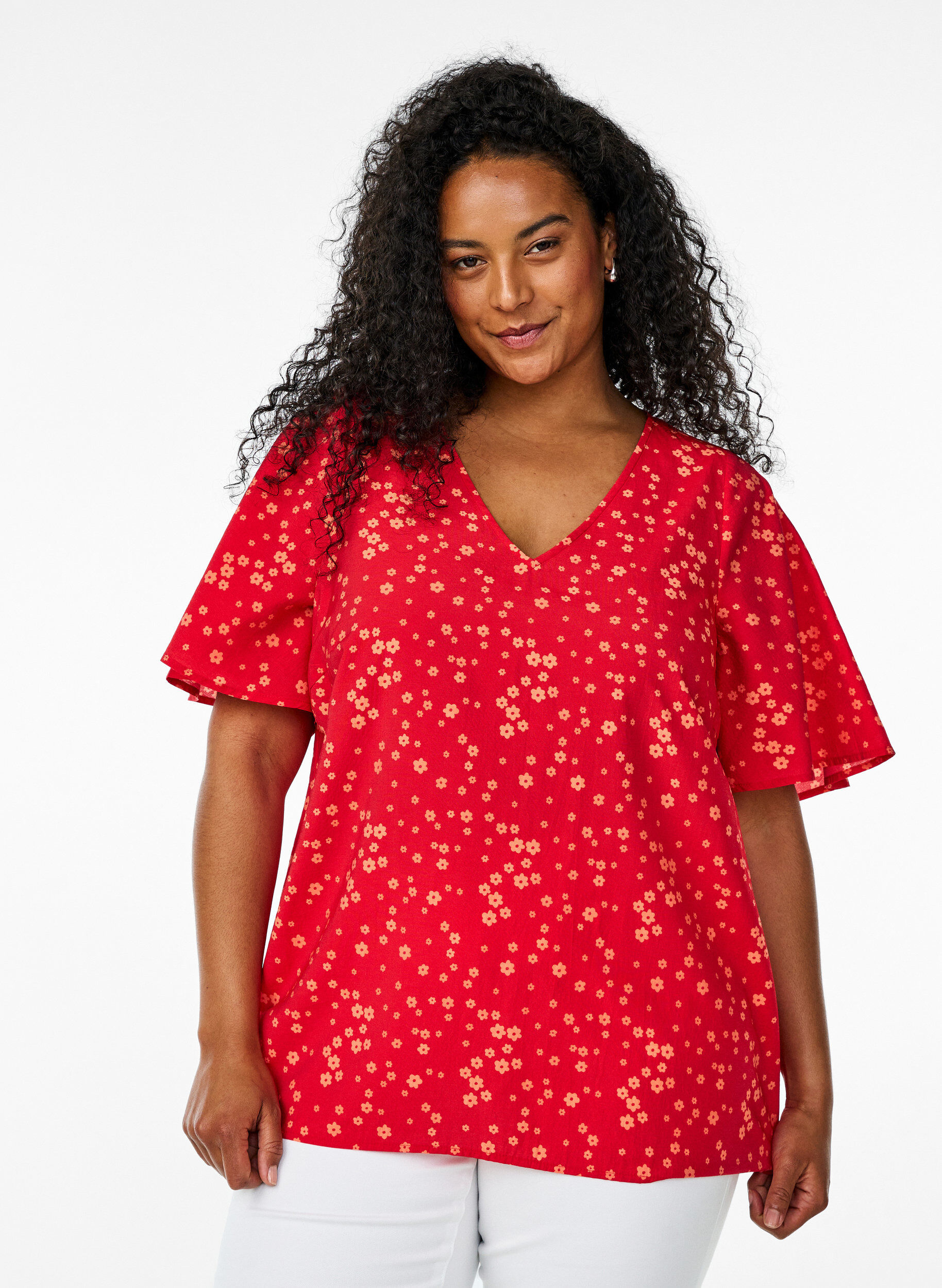 Zizzi Blomstret bluse med flagermus &aelig;rmer, R&oslash;d, Model image number 0