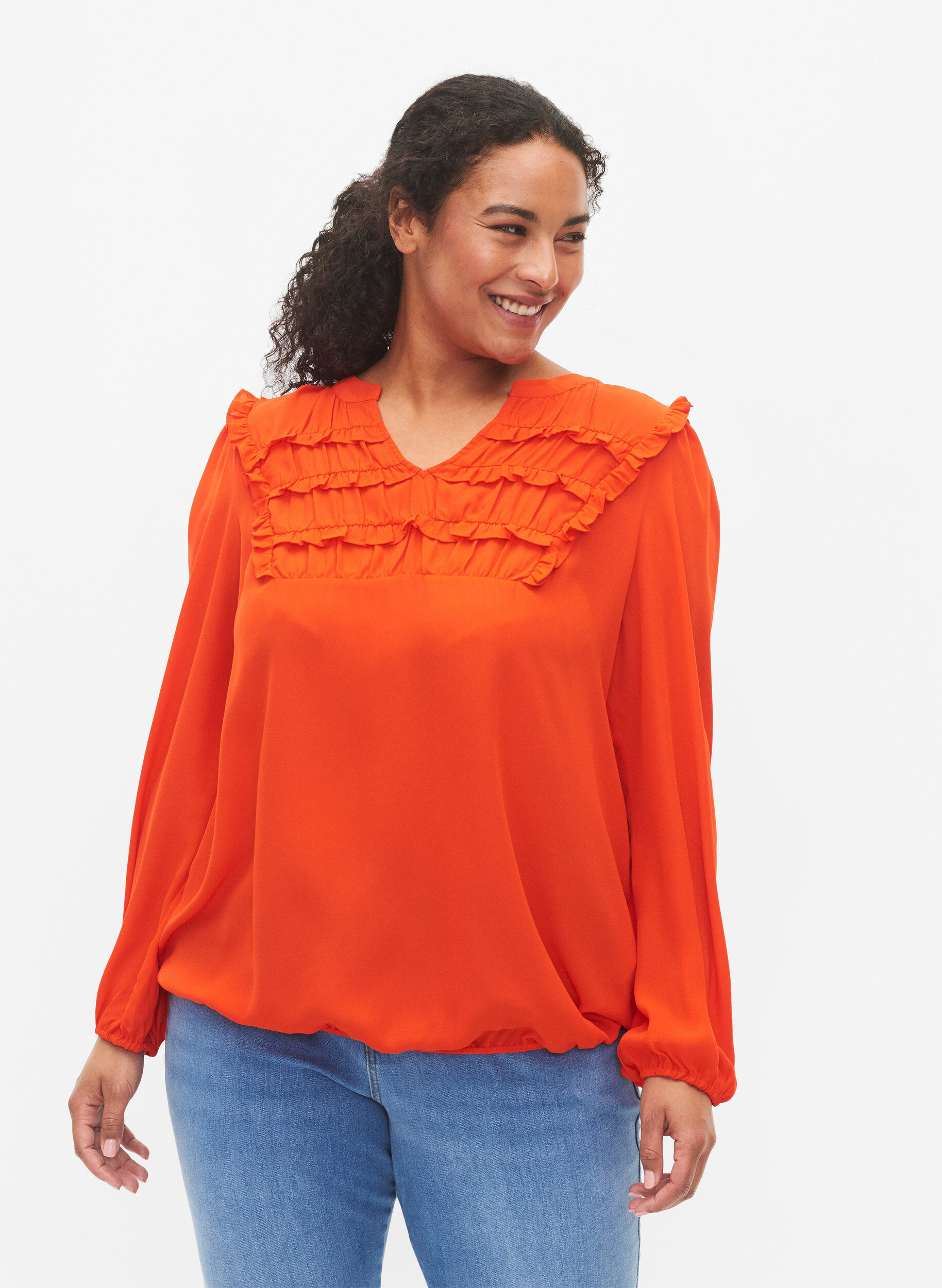 Zizzi Lang&aelig;rmet bluse med fl&aelig;sedetaljer, Orange.com, Model image number 0