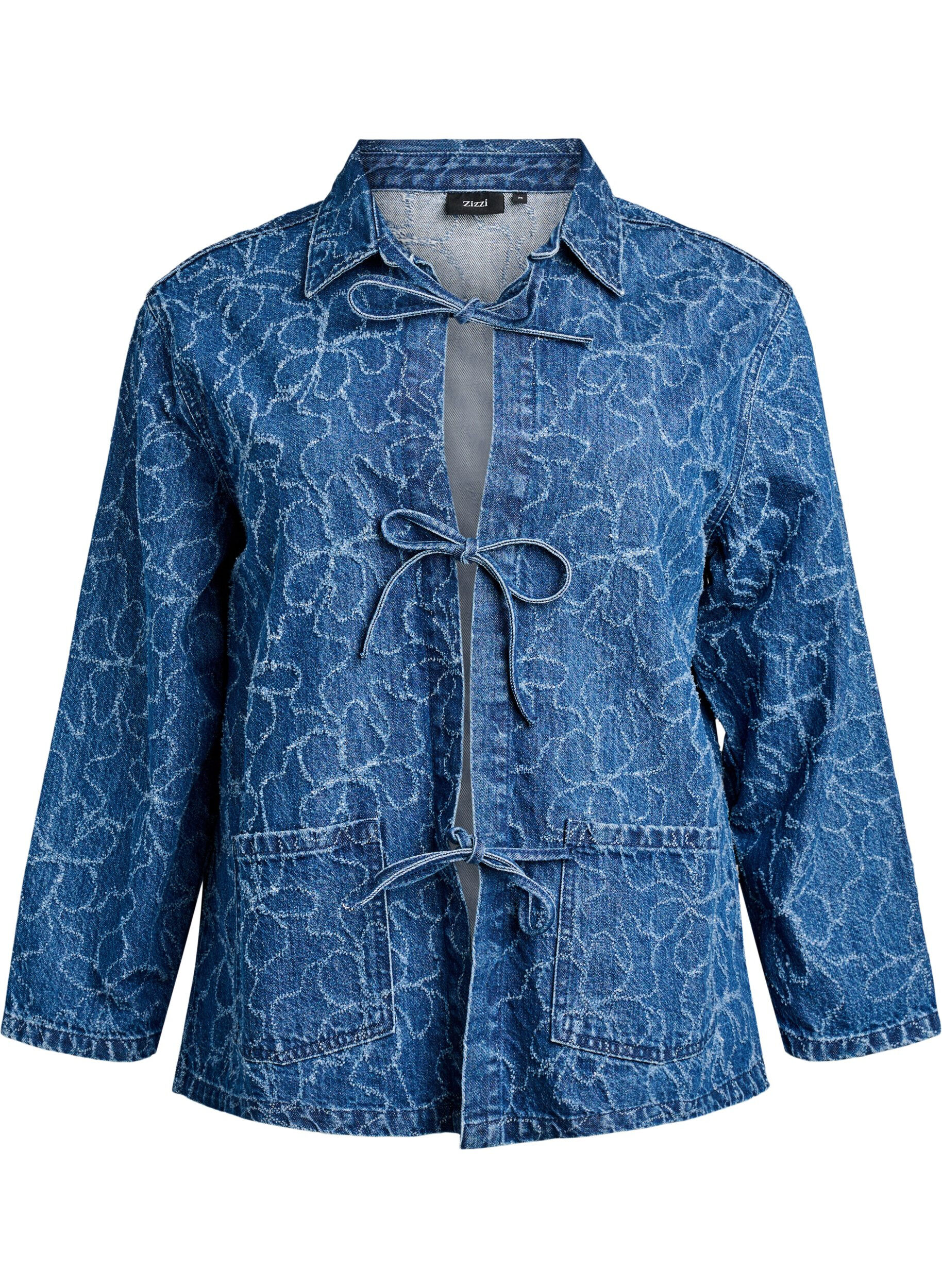 Zizzi Denimjakke med bindelukning og lommer, Blue Denim Destroy, Packshot image number 0
