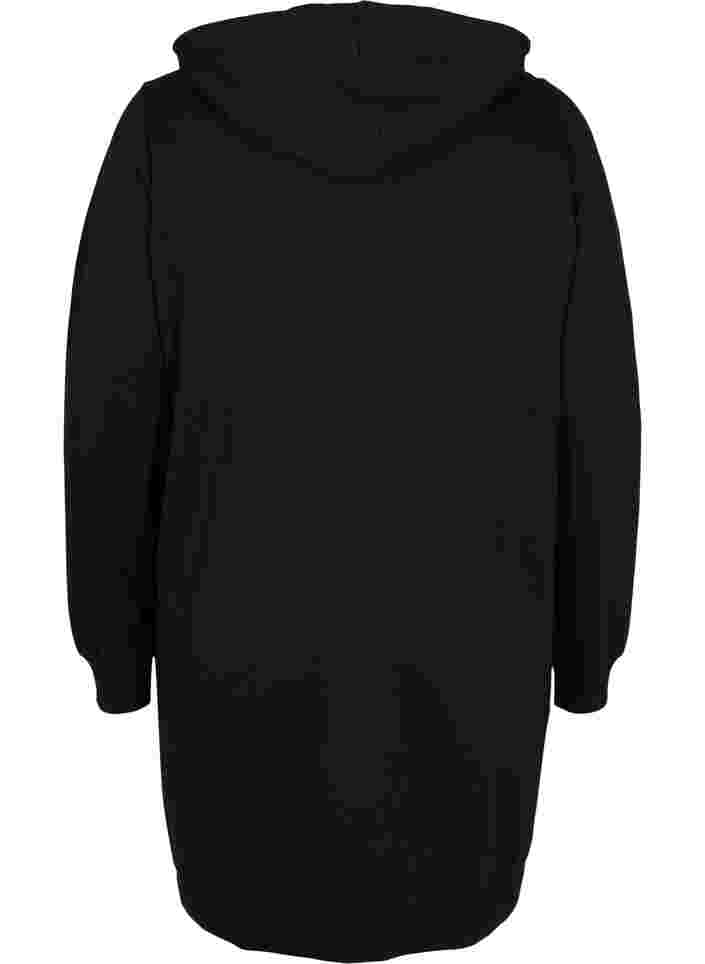 Lang bomulds sweat cardigan med hætte, Black, Packshot image number 1