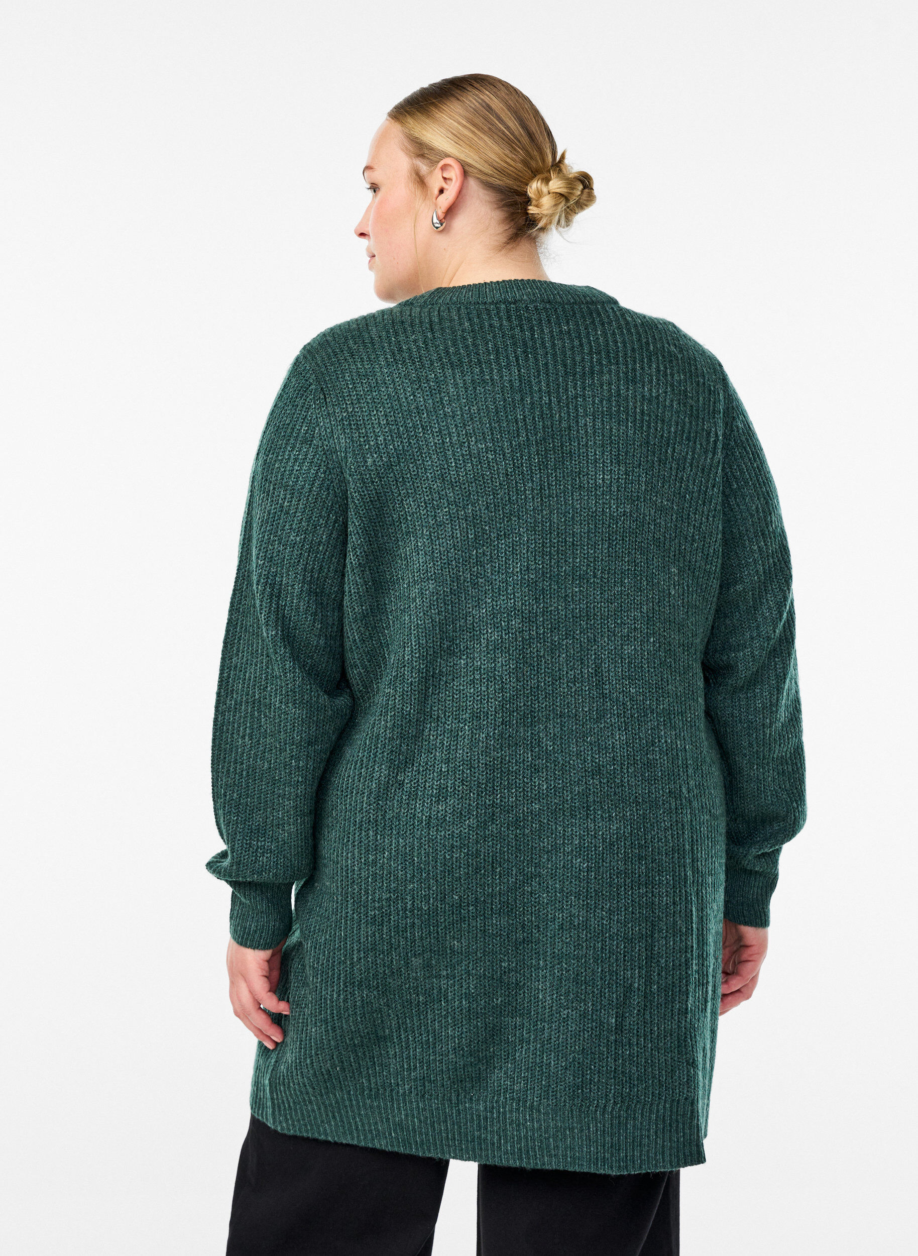 Zizzi FLASH - Lang ribstrikket cardigan med lommer, Gr&oslash;n, Model image number 2