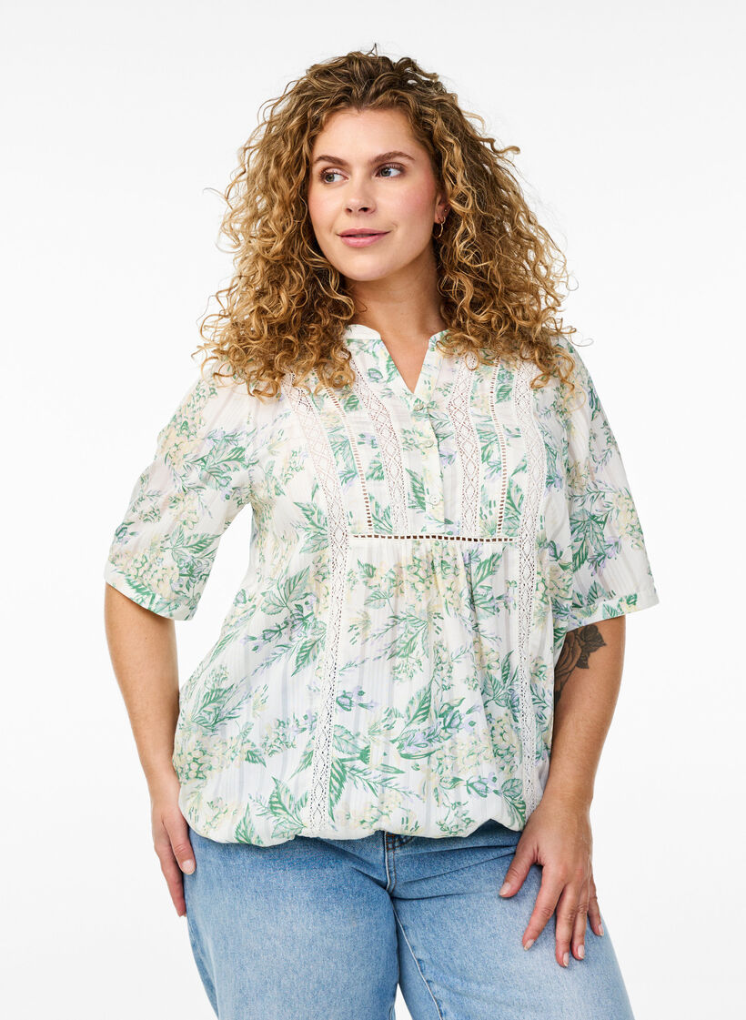 Bluse med print og 1/2 &aelig;rmer, Hvid, Model image number 0