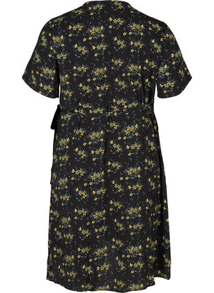 Wrap kjole i print med korte ærmer, Black Yellow AOP, Packshot image number 1