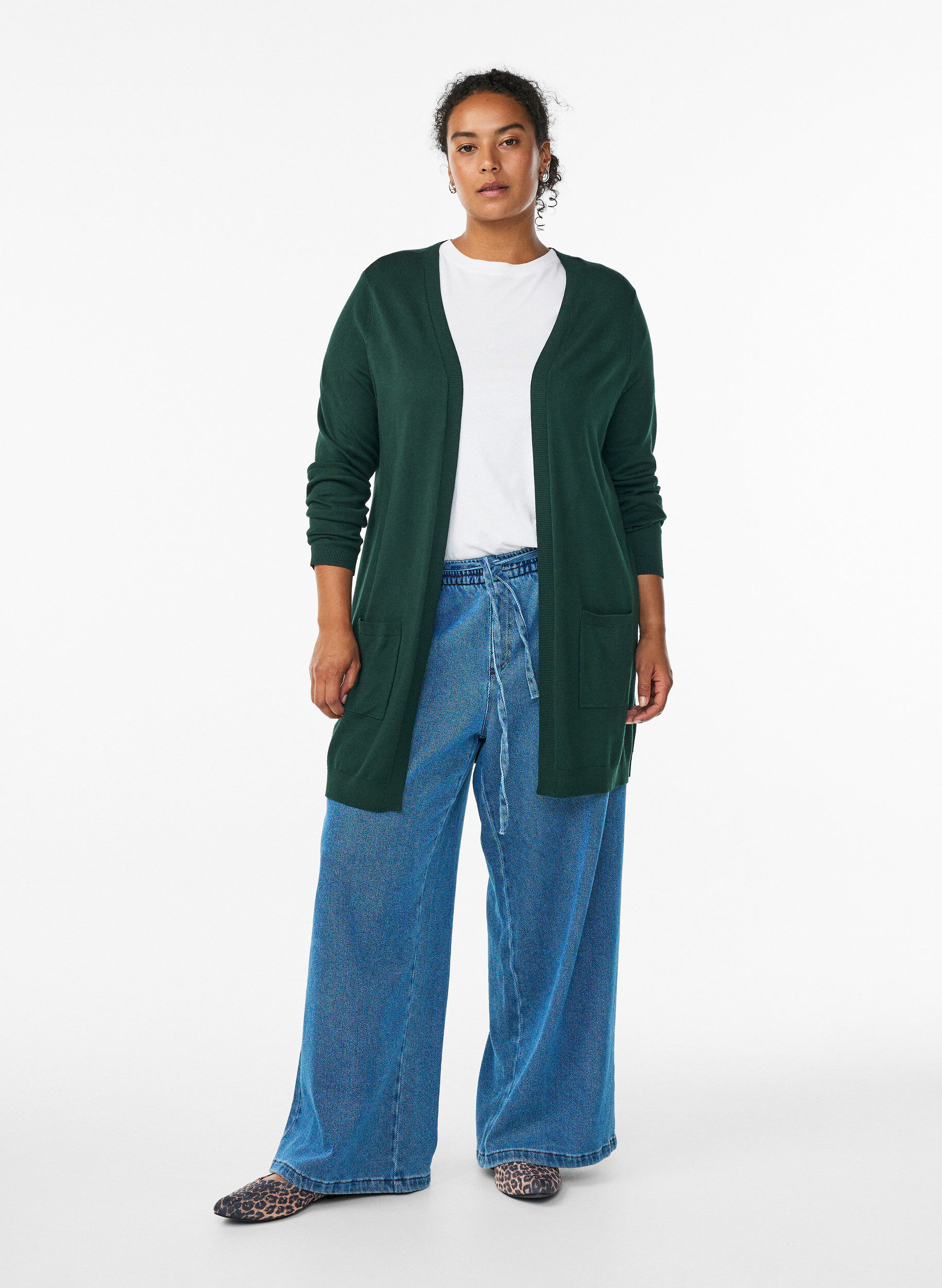 ZizziLang strikcardigan i viskosemix, Gr&oslash;n, Model image number 1