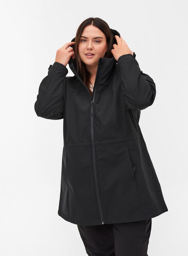 Softshell jakke med hætte og justerbar talje, Black, Model image number 0