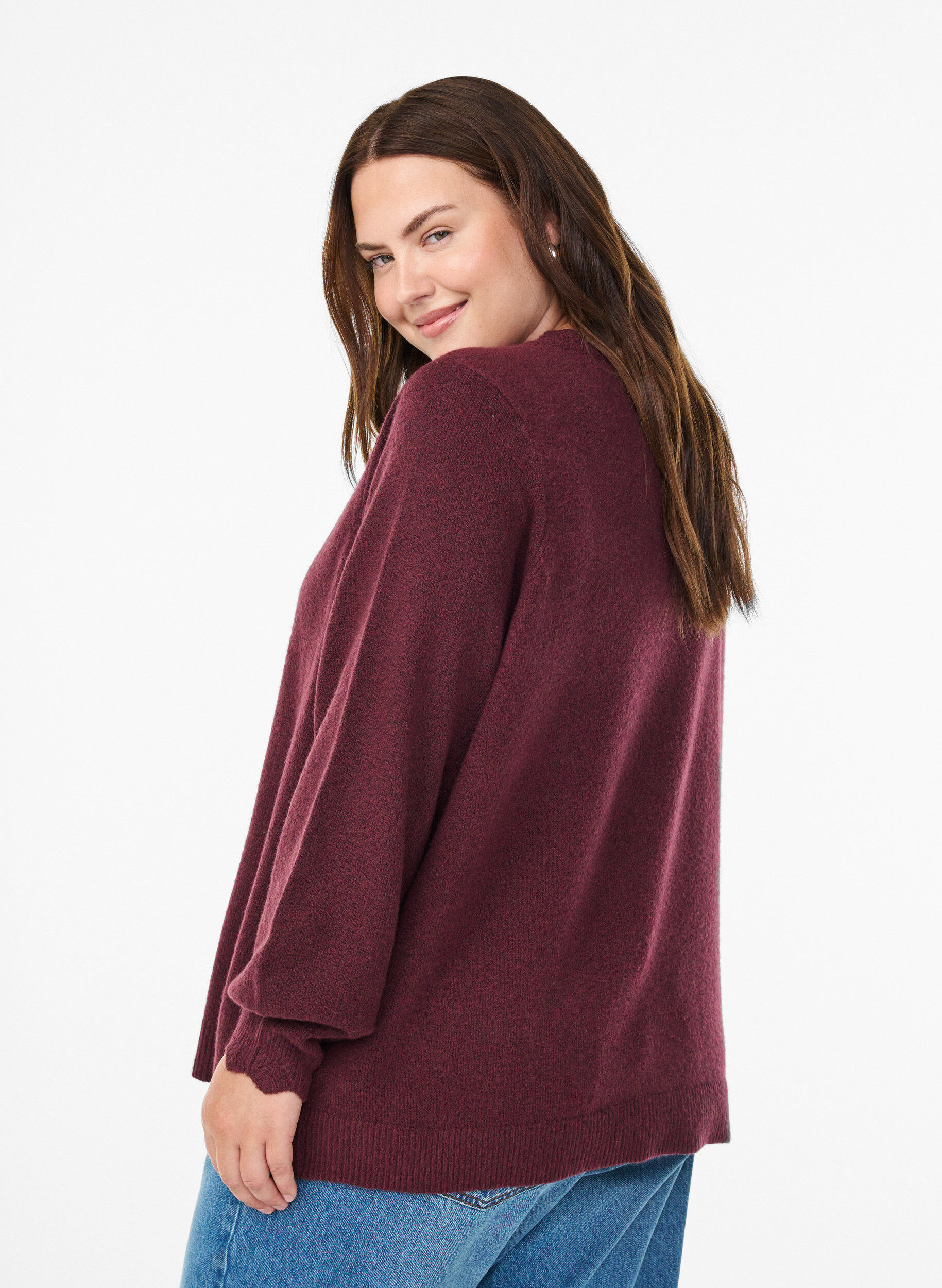 Zizzi Strikbluse med b&oslash;lgekanter., M&oslash;rk Bordeaux, Model image number 2