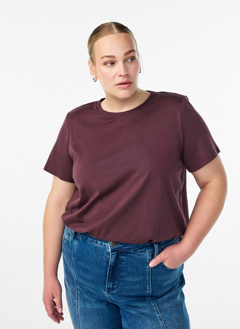 Basic t-shirt i bomuld med skulderpuder, Mørk Bordeaux, Model image number 0