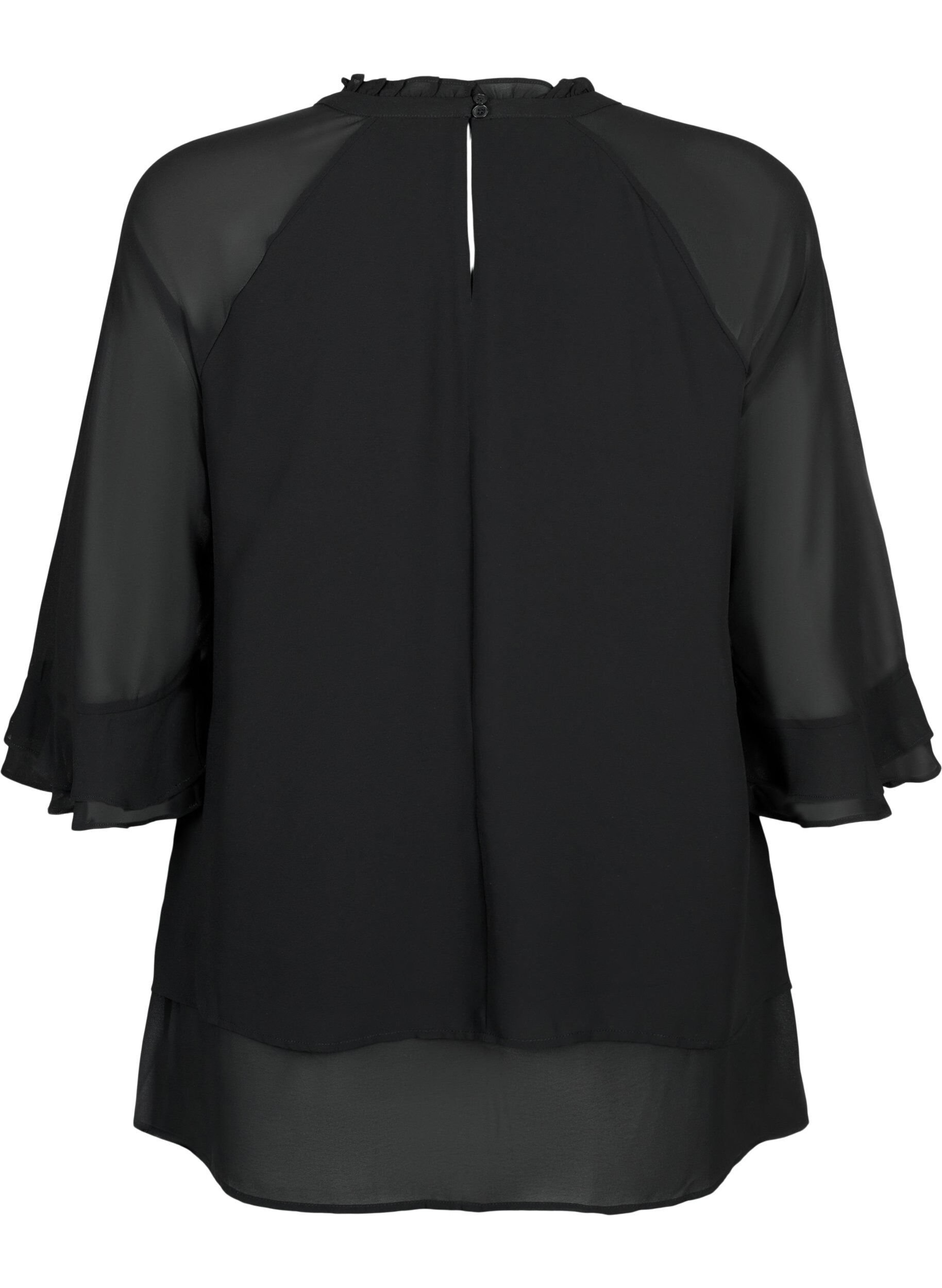 Zizzi Bluse med asymmetrisk bund og 3/4 &aelig;rmer, Black, Packshot image number 1
