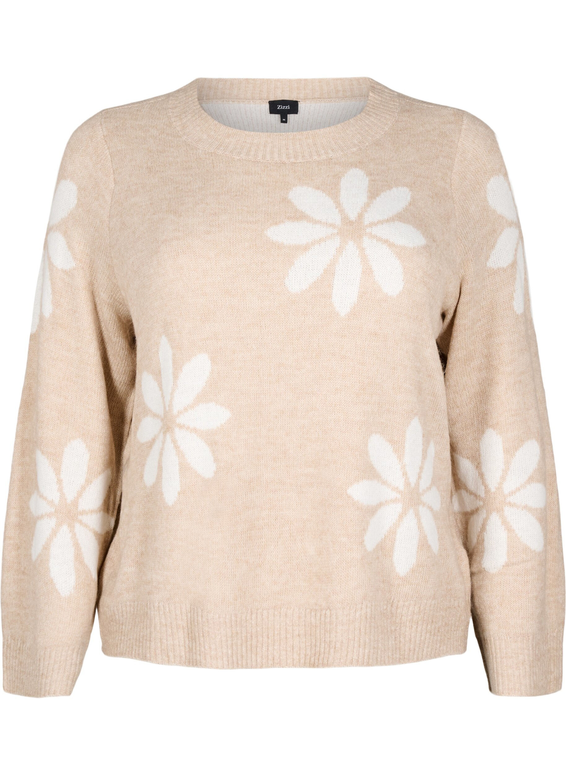 Zizzi Strikbluse med blomster, Simply Taupe Comb, Packshot image number 0