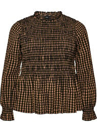 Ternet bluse med smock og peplum, Brun