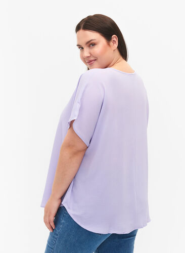 Bluse med korte ærmer og rund halsudskæring, Lavender, Model image number 1