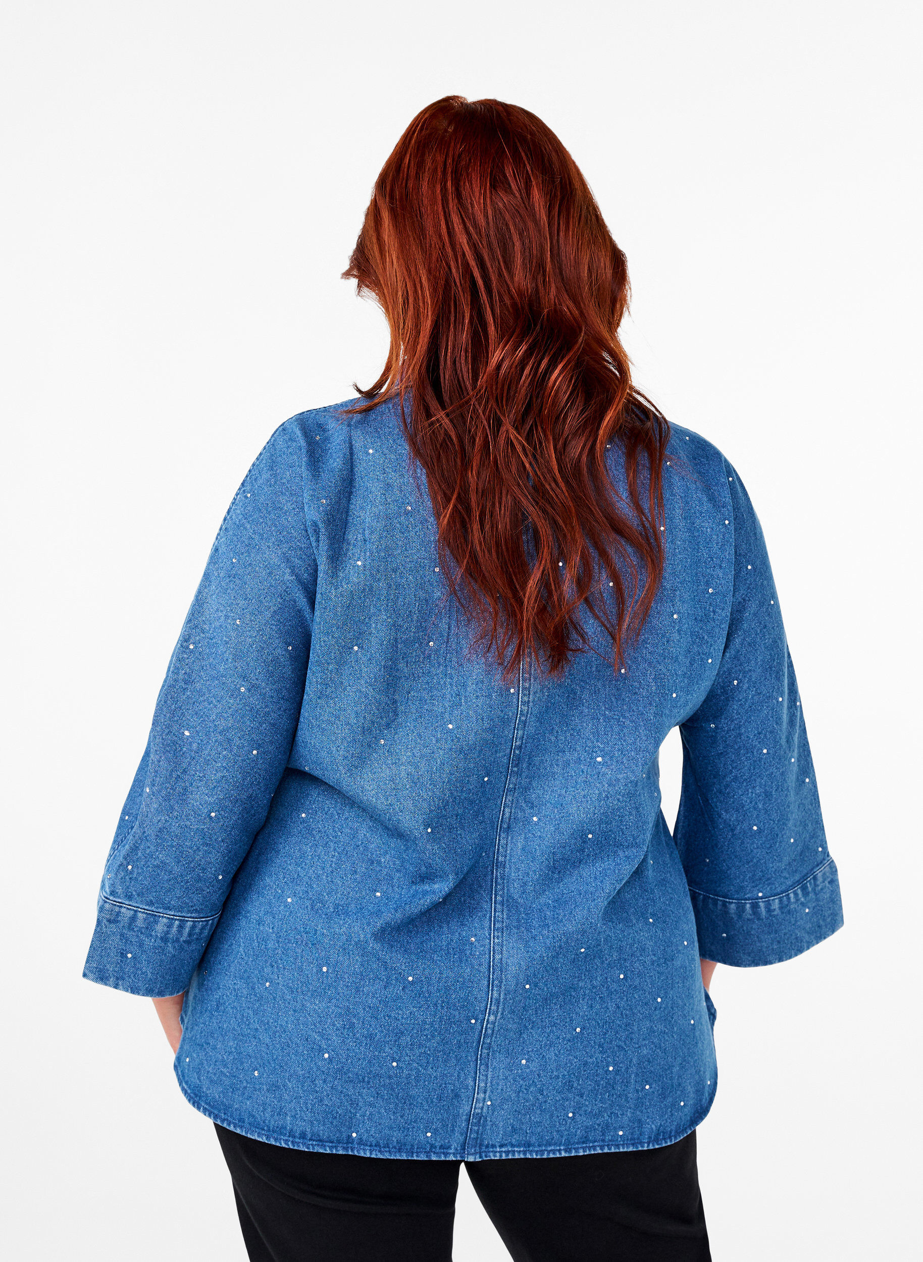 Zizzi Denimskjorte med rhinsten og 3/4 &aelig;rmer, Bl. Denim Rhinestone, Model image number 1
