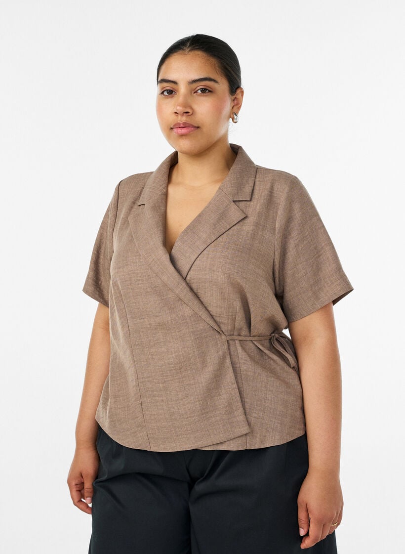 Skjorte med sl&aring;-om og bindeb&aring;nd, Brun, Model image number 0