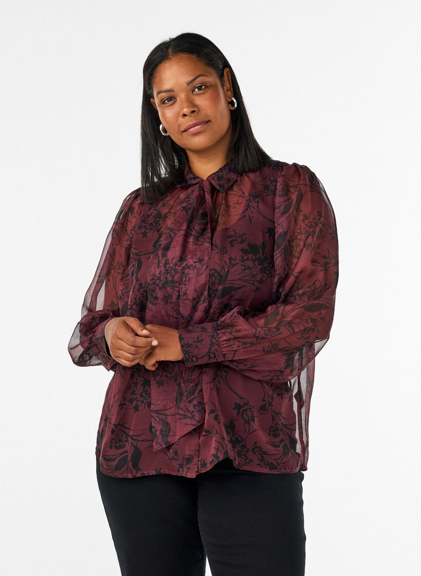 Transparent skjortebluse med blomsterm&oslash;nster og bindeb&aring;nd, M&oslash;rk Bordeaux, Model image number 0