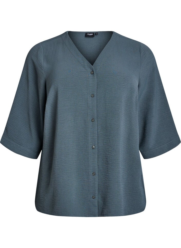 Skjortebluse med V-udsk&aelig;ring og 3/4-&aelig;rmer, Gr&oslash;n, Packshot image number 0