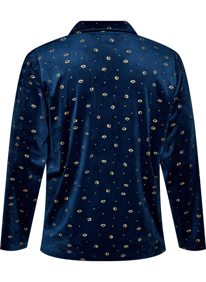 Pyjamasskjorte i velour med all-over print, Bl&aring;, Packshot image number 1